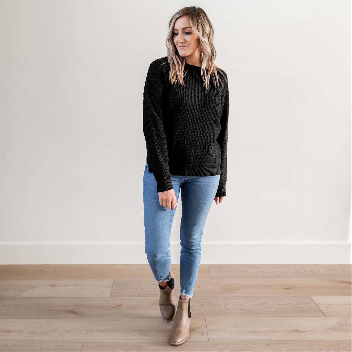 Waffle Knit Round Neck Long Sleeve Low-gauge Sweater With Side Slit - Katherine Jean
