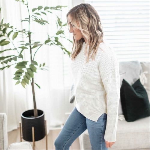 Waffle Knit Round Neck Long Sleeve Low-gauge Sweater With Side Slit - Katherine Jean