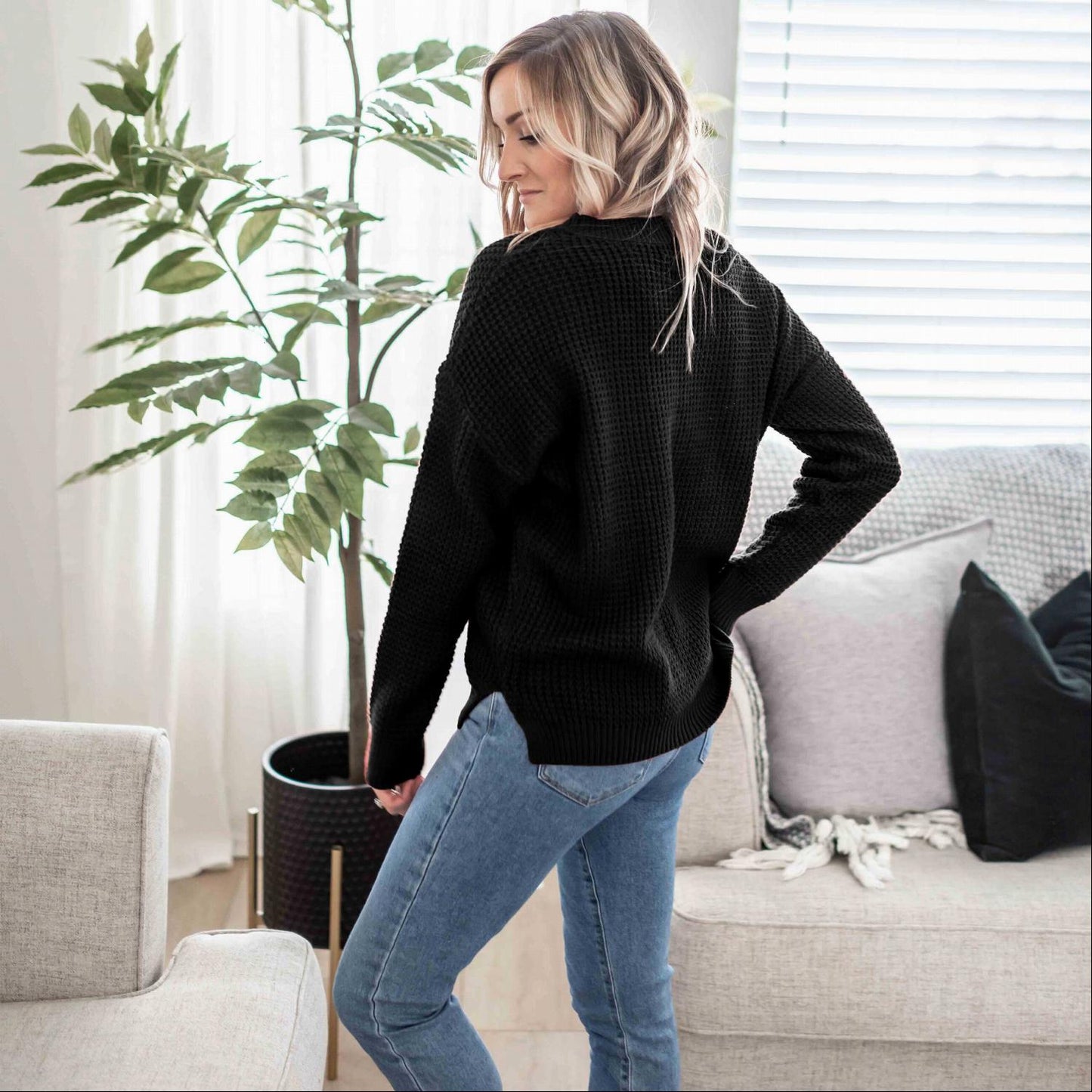 Waffle Knit Round Neck Long Sleeve Low-gauge Sweater With Side Slit - Katherine Jean