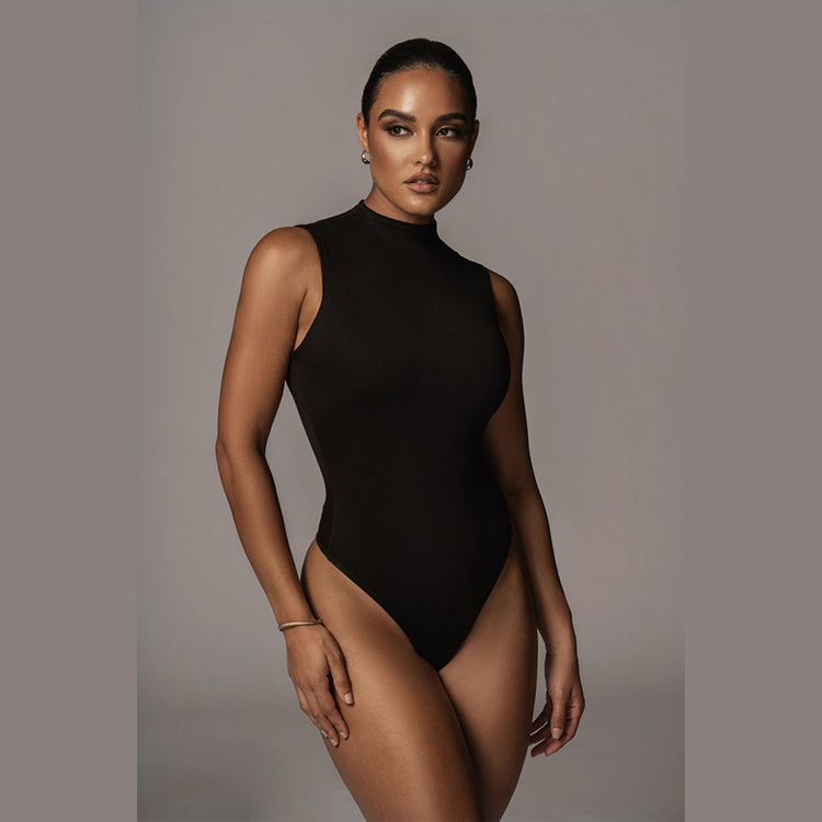 Black Woolen Mock Neck Bodysuit - Katherine Jean