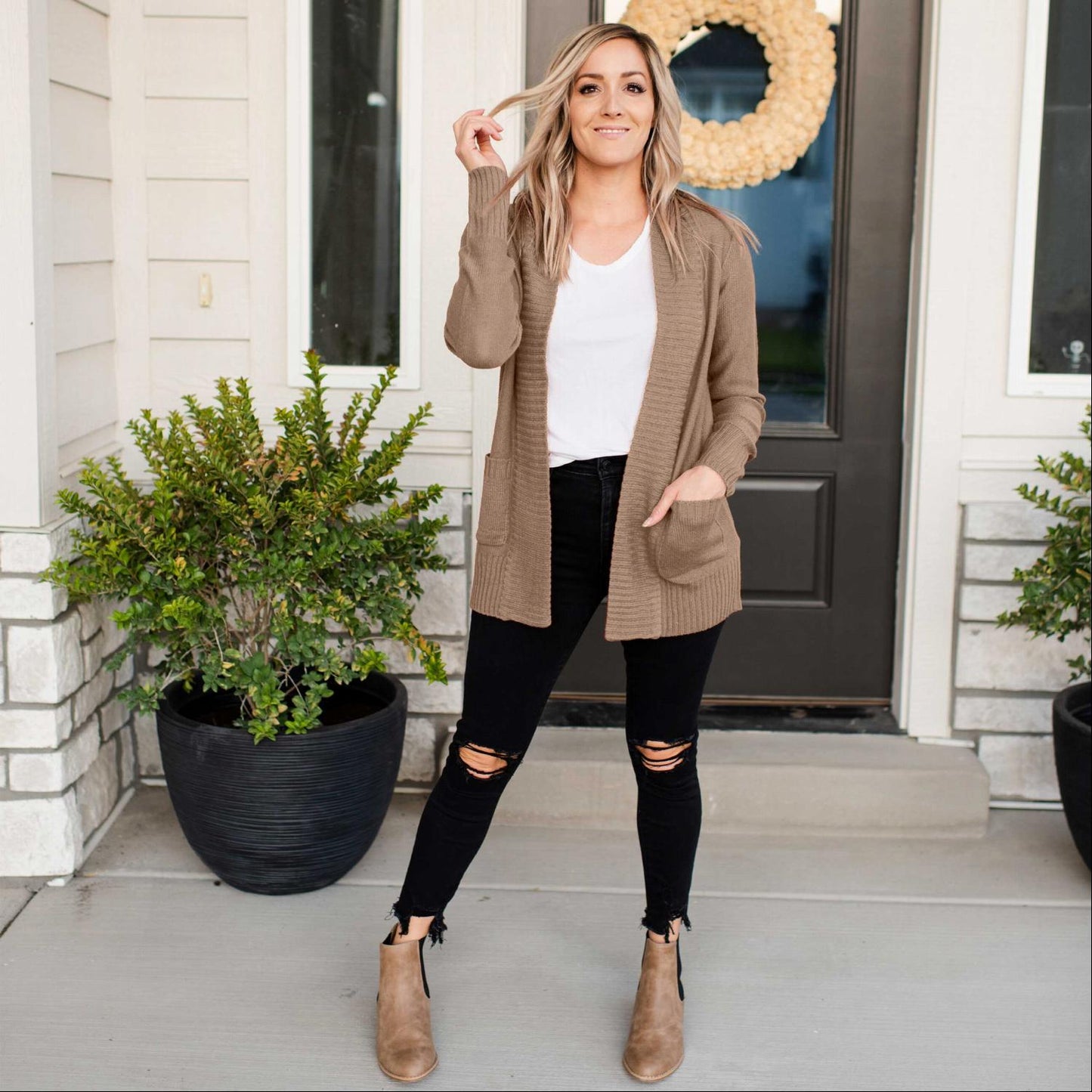Shawl Collar Patch Pocket Long Sleeve Open Cardigan - Katherine Jean