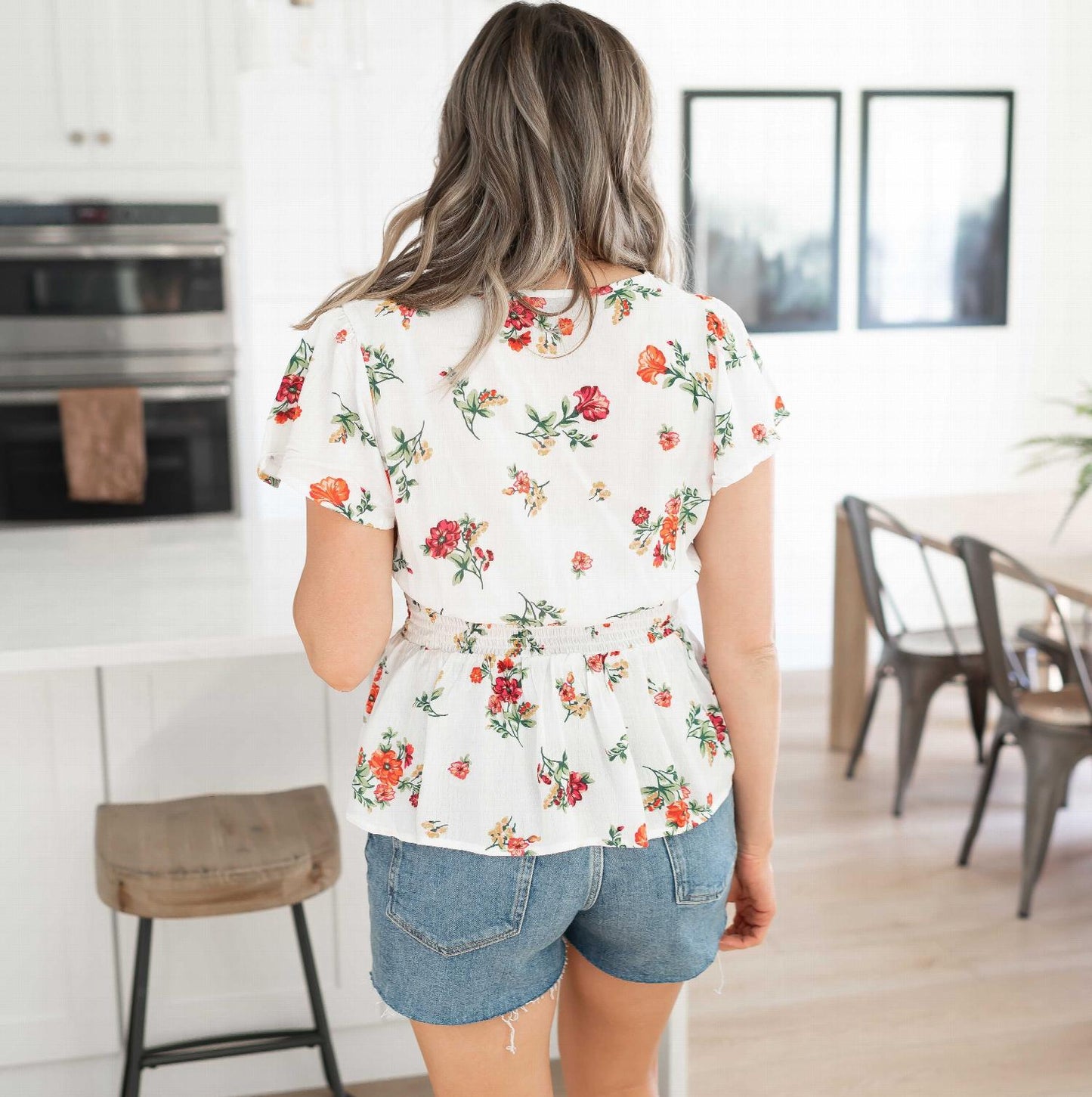 Floral Print Smocked Peplum Waist V-neck Short Flounced Sleeve Top - Katherine Jean