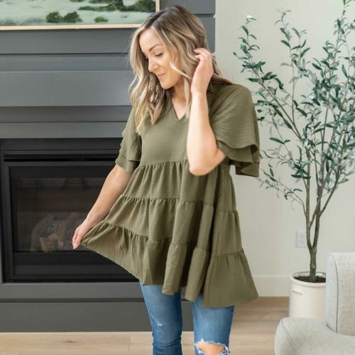 Woven Airflow Tiered Ruffle Short Bell Sleeve Top - Katherine Jean