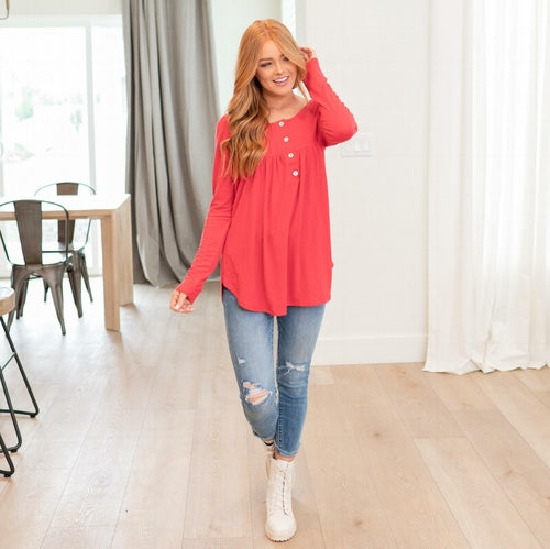 Henley Neck With Yoke Shirring Top - Katherine Jean