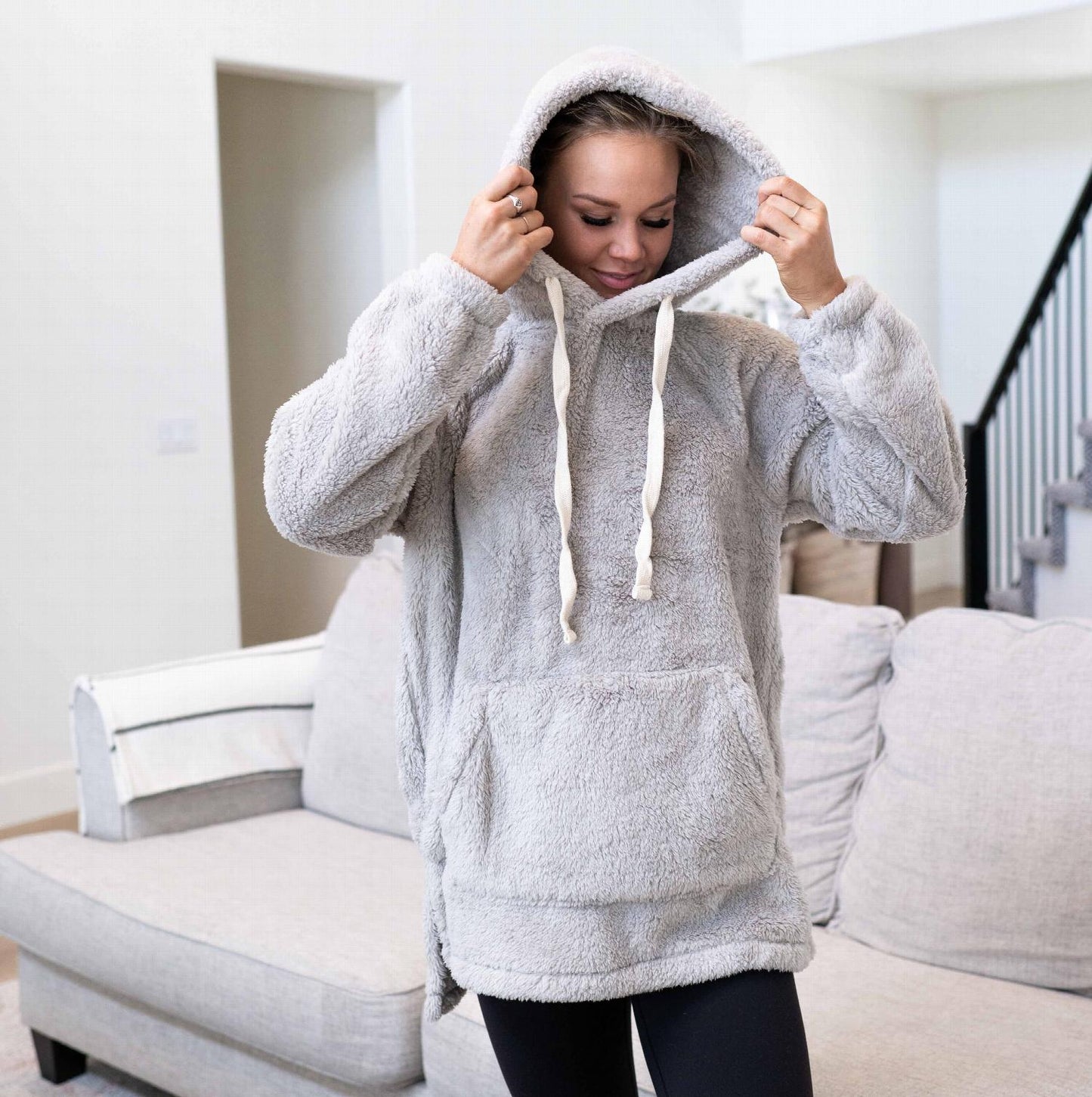 Hooded Faux Fur Kangaroo Pockets Pullover - Katherine Jean