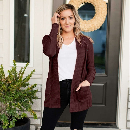 Shawl Collar Patch Pocket Long Sleeve Open Cardigan - Katherine Jean