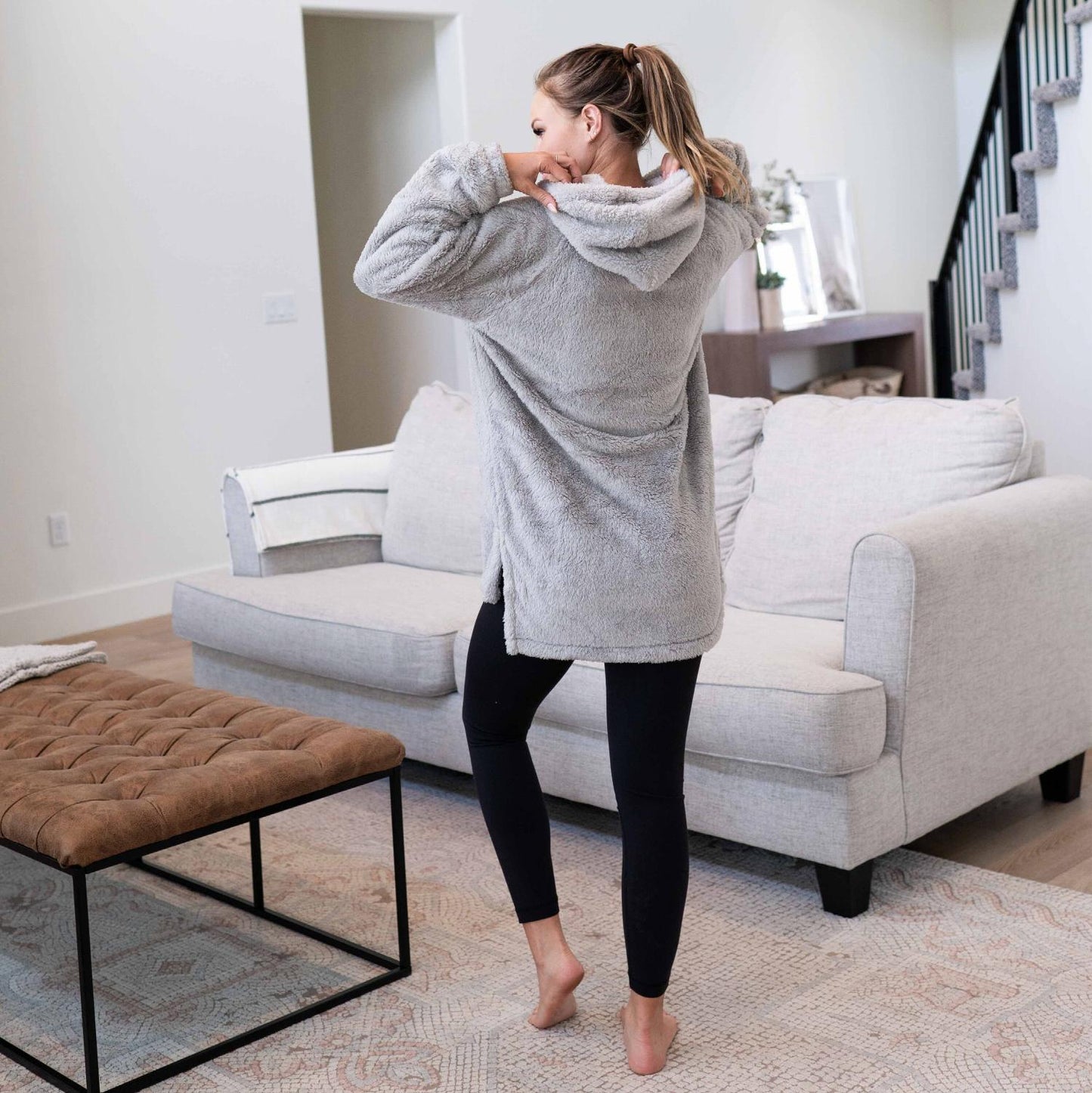 Hooded Faux Fur Kangaroo Pockets Pullover - Katherine Jean