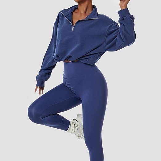 Dark Blue Half Zip Crop Sweater - Katherine Jean