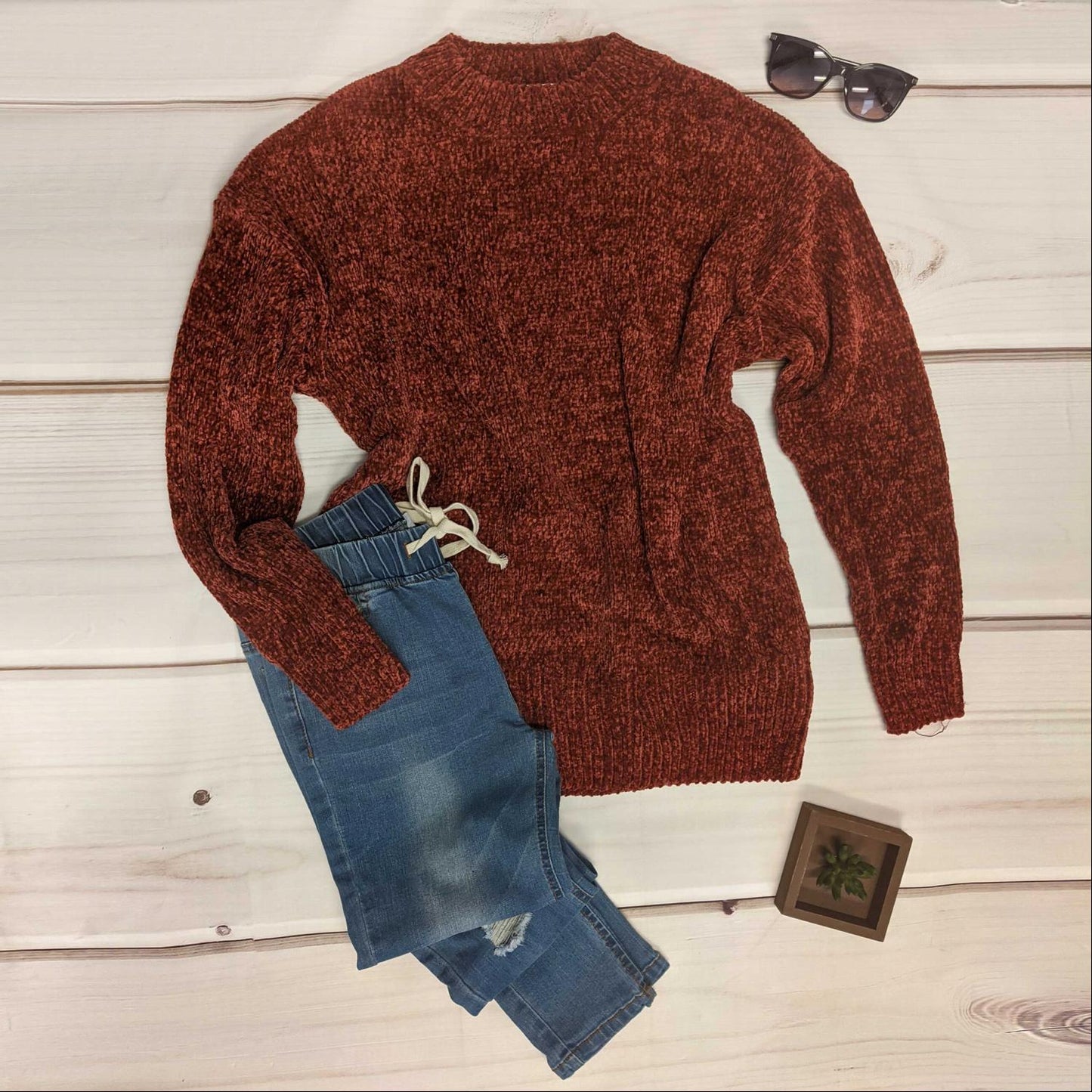 Round Neck Long Sleeve Chenille Sweater - Katherine Jean