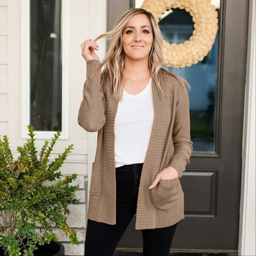 Shawl Collar Patch Pocket Long Sleeve Open Cardigan - Katherine Jean