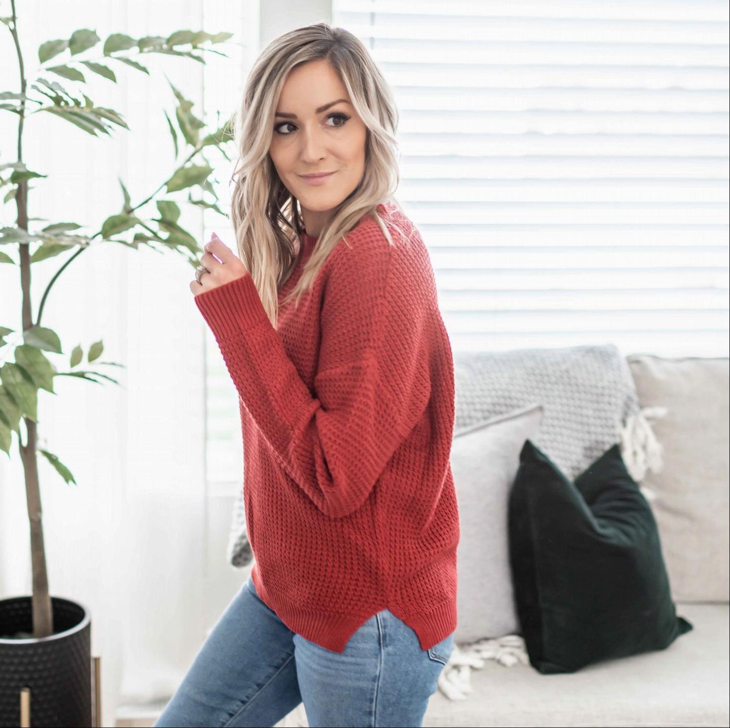 Waffle Knit Round Neck Long Sleeve Low-gauge Sweater With Side Slit - Katherine Jean