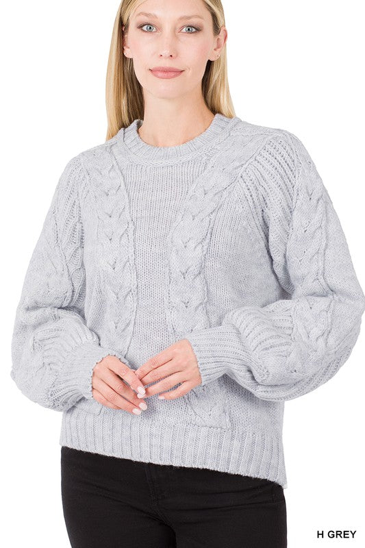 Cable Knit Balloon Sleeve Sweater - Katherine Jean