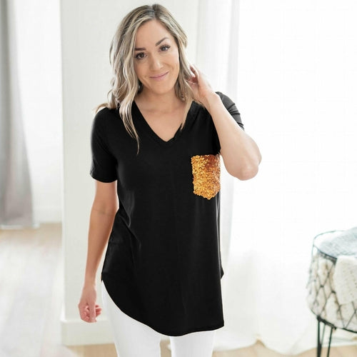 Short Sleeve V-neck Front Sequin Pocket Top - Katherine Jean