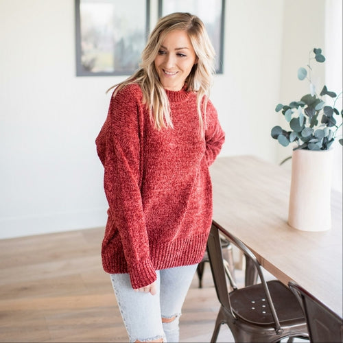 Round Neck Long Sleeve Chenille Sweater - Katherine Jean