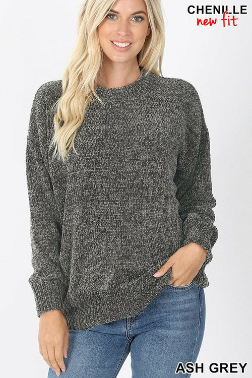 Round Neck Long Sleeve Chenille Sweater - Katherine Jean