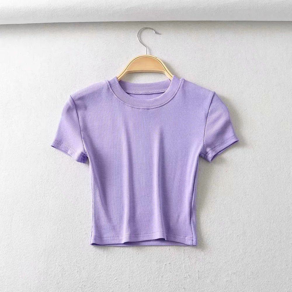 Purple Cropped Cotton Ribbed Shirt - Katherine Jean