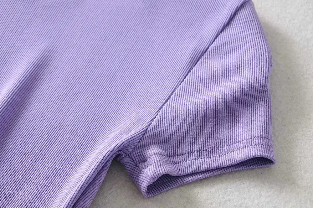 Purple Cropped Cotton Ribbed Shirt - Katherine Jean