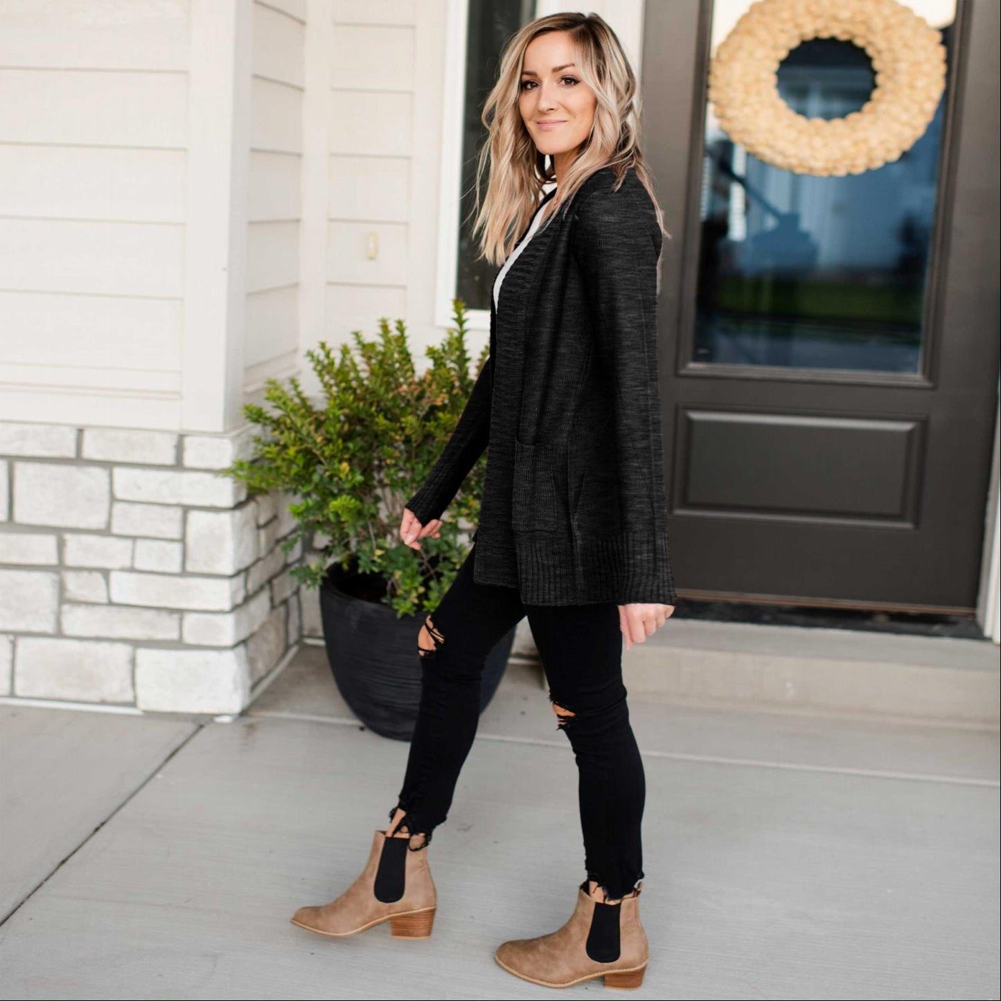 Shawl Collar Patch Pocket Long Sleeve Open Cardigan - Katherine Jean