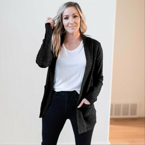Shawl Collar Patch Pocket Long Sleeve Open Cardigan - Katherine Jean
