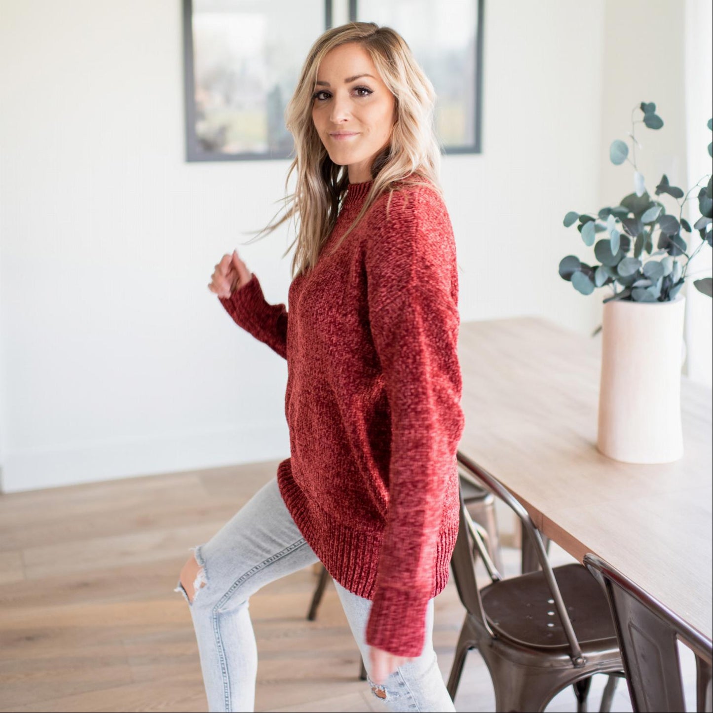 Round Neck Long Sleeve Chenille Sweater - Katherine Jean