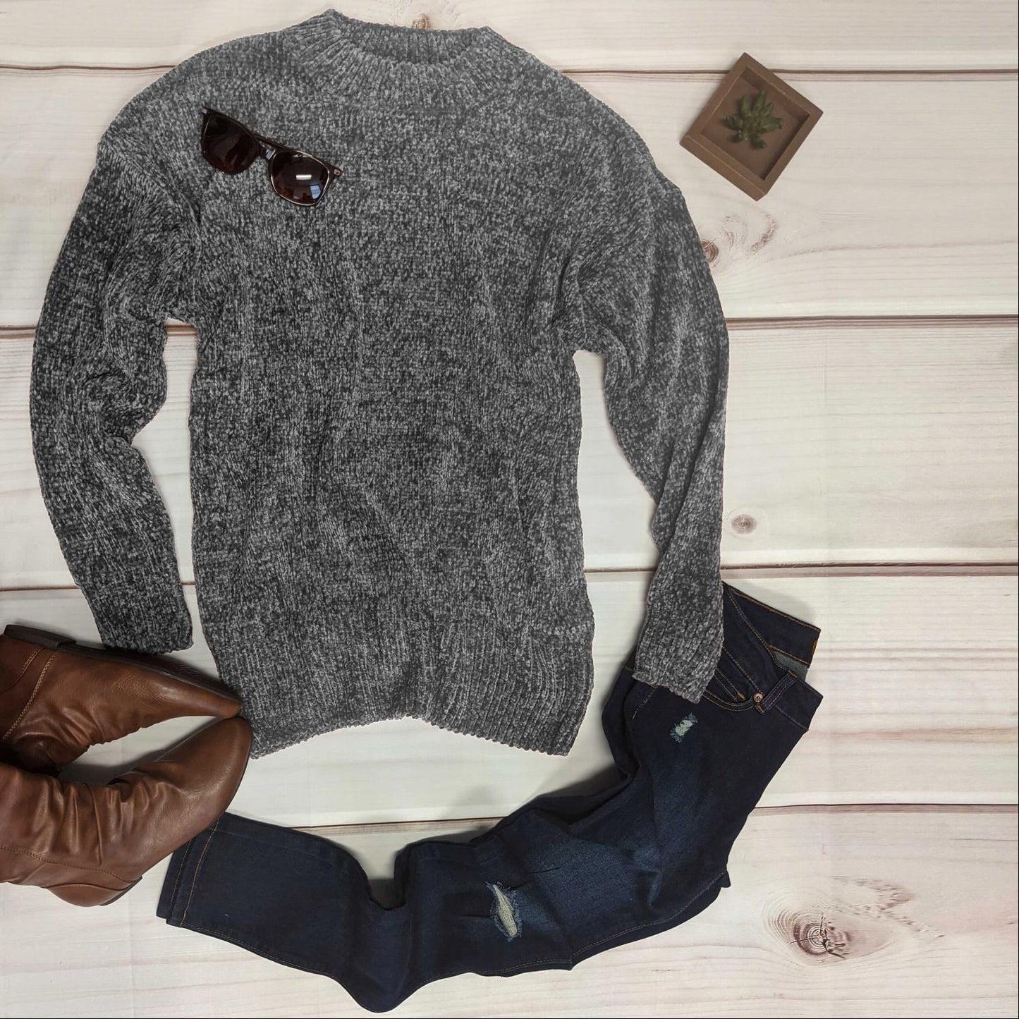 Round Neck Long Sleeve Chenille Sweater - Katherine Jean