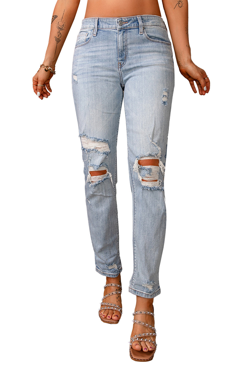 Sky Blue Ripped Mid Waist Jeans - Katherine Jean
