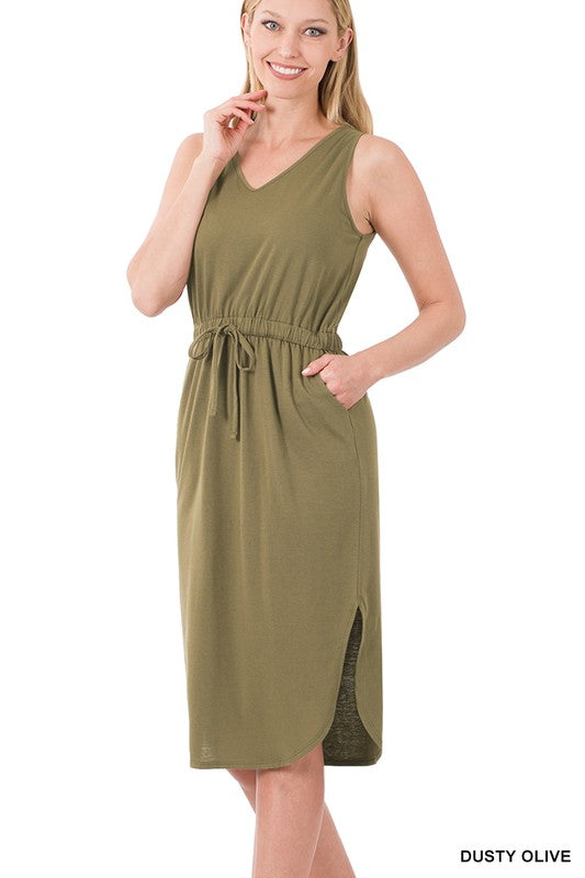 Poly Cotton Drawstring Waist Curved Hem Dress - Katherine Jean