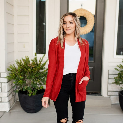 Shawl Collar Patch Pocket Long Sleeve Open Cardigan - Katherine Jean