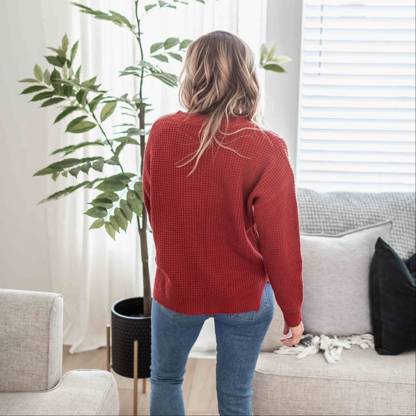 Waffle Knit Round Neck Long Sleeve Low-gauge Sweater With Side Slit - Katherine Jean