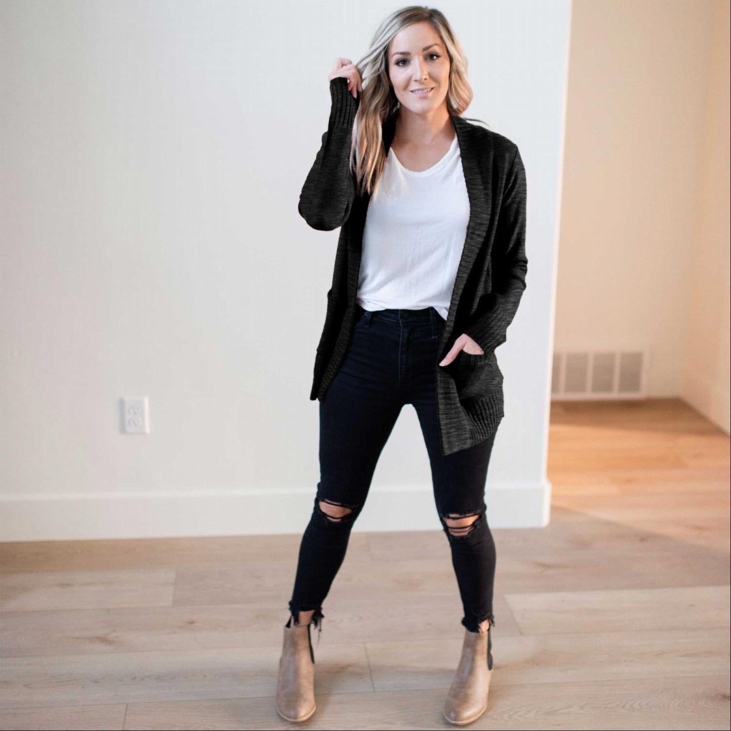 Shawl Collar Patch Pocket Long Sleeve Open Cardigan - Katherine Jean