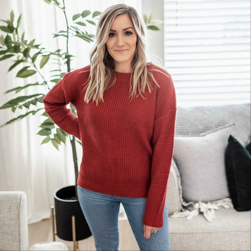 Waffle Knit Round Neck Long Sleeve Low-gauge Sweater With Side Slit - Katherine Jean