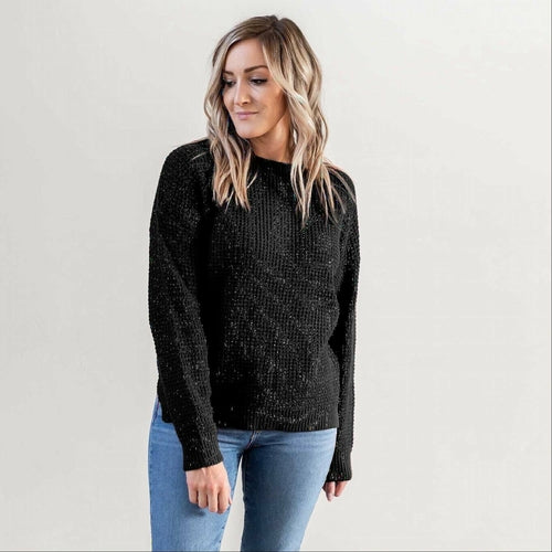 Waffle Knit Round Neck Long Sleeve Low-gauge Sweater With Side Slit - Katherine Jean