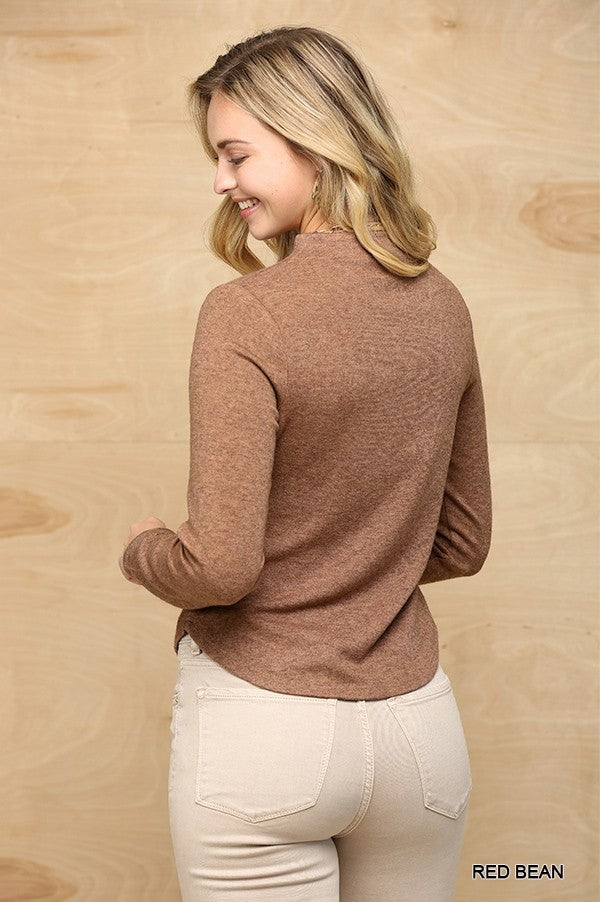 Red Bean Solid And Cozy Soft Knit Mock Neck Top - Katherine Jean