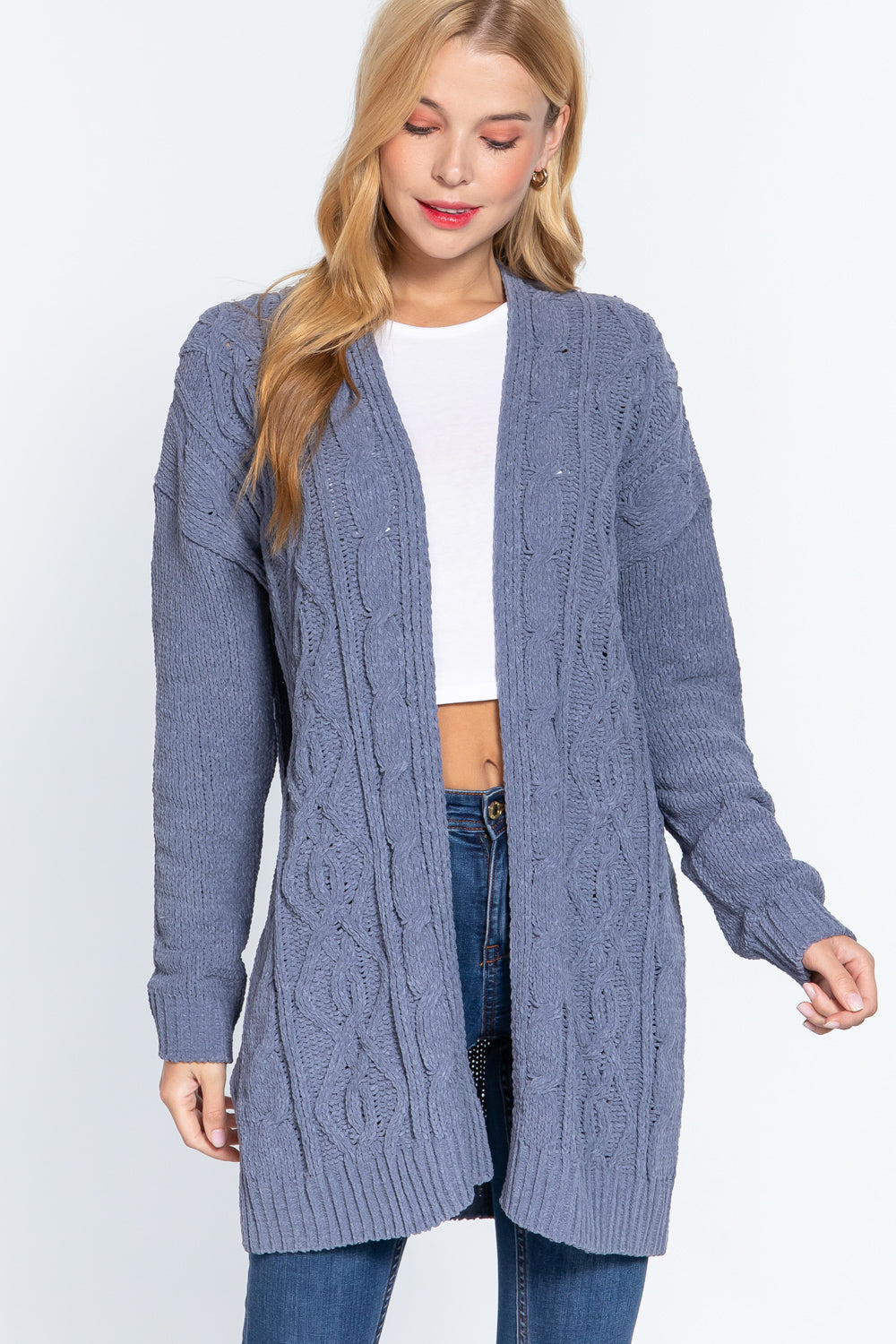 Greyish Blue Chenille Sweater Cardigan - Katherine Jean