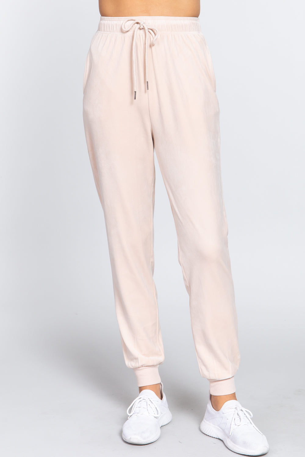 Cream Waist Elastic Velour Long Jogger Pants - Katherine Jean