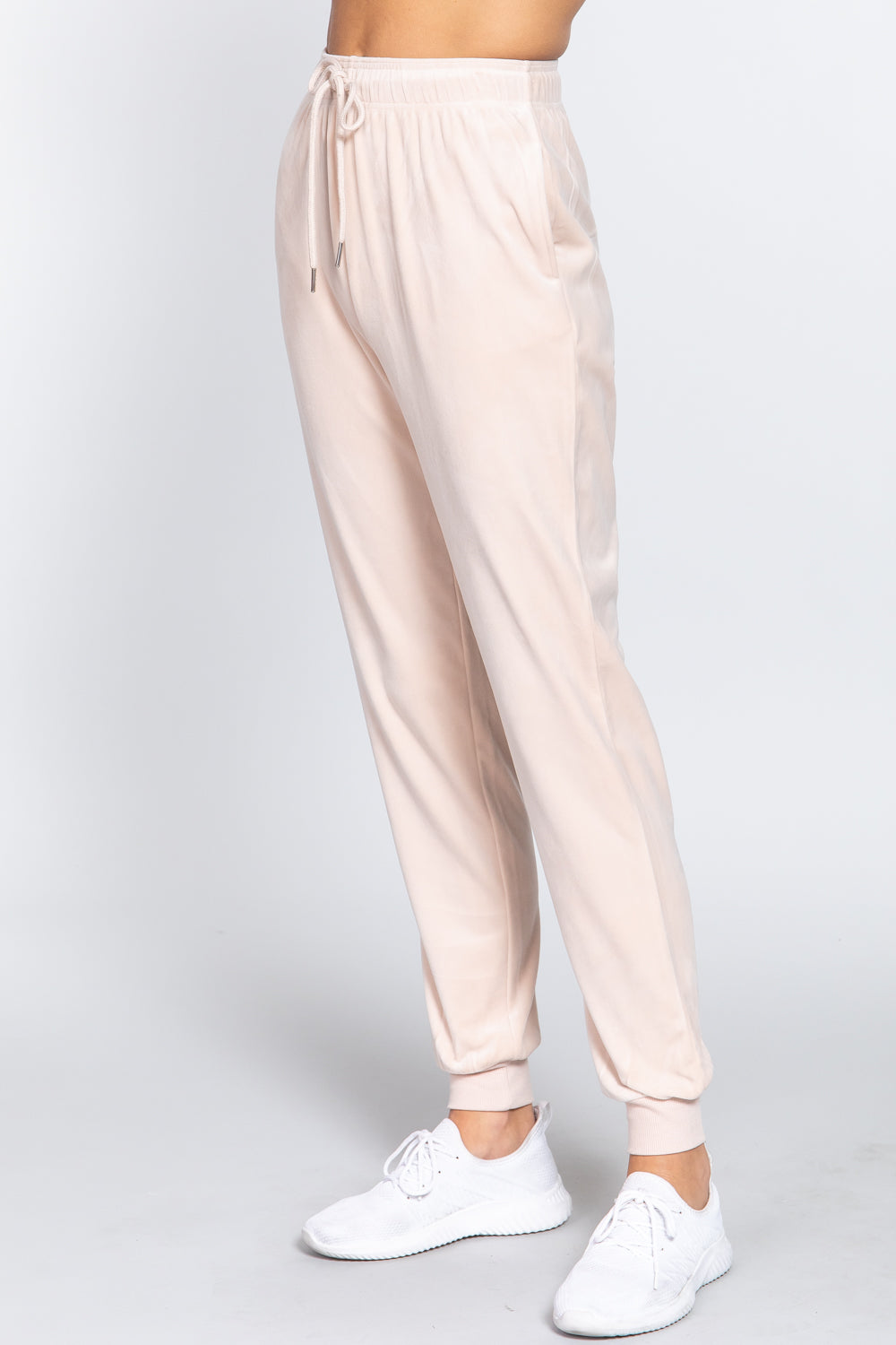 Cream Waist Elastic Velour Long Jogger Pants - Katherine Jean