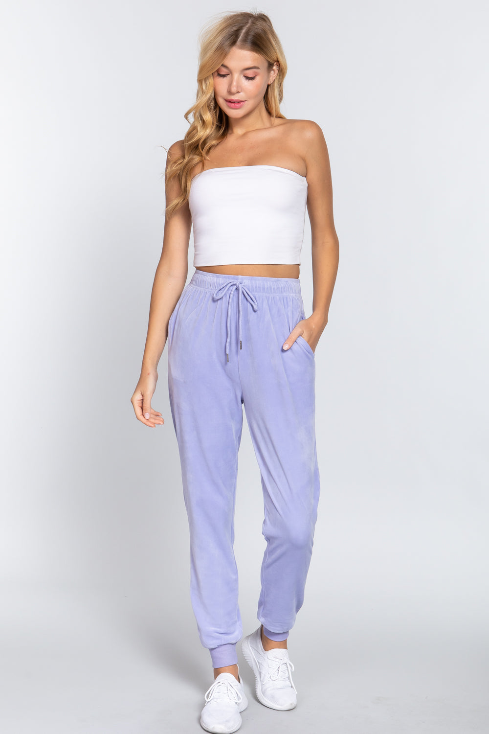 Lavender Waist Elastic Velour Long Jogger Pants - Katherine Jean