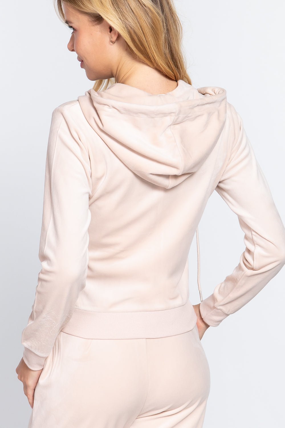 Cream Long Sleeve Velour Hoodie Zip Up Jacket - Katherine Jean
