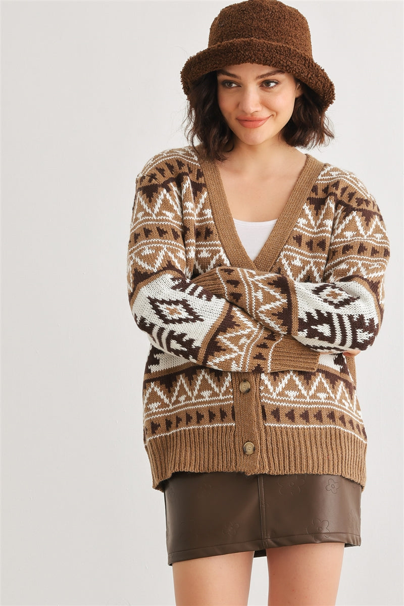 Fair Isle Knit Button-up Long Sleeve Cardigan Sweater - Katherine Jean