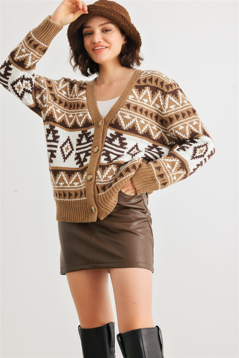 Fair Isle Knit Button-up Long Sleeve Cardigan Sweater - Katherine Jean