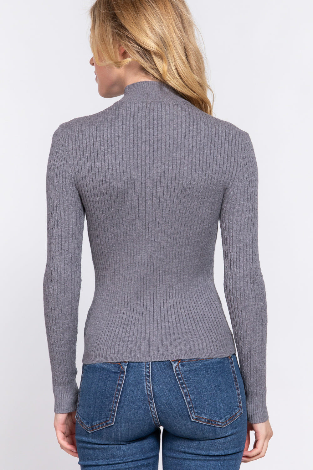 Charcoal Grey Long Sleeve Mock Neck Rib Sweater - Katherine Jean