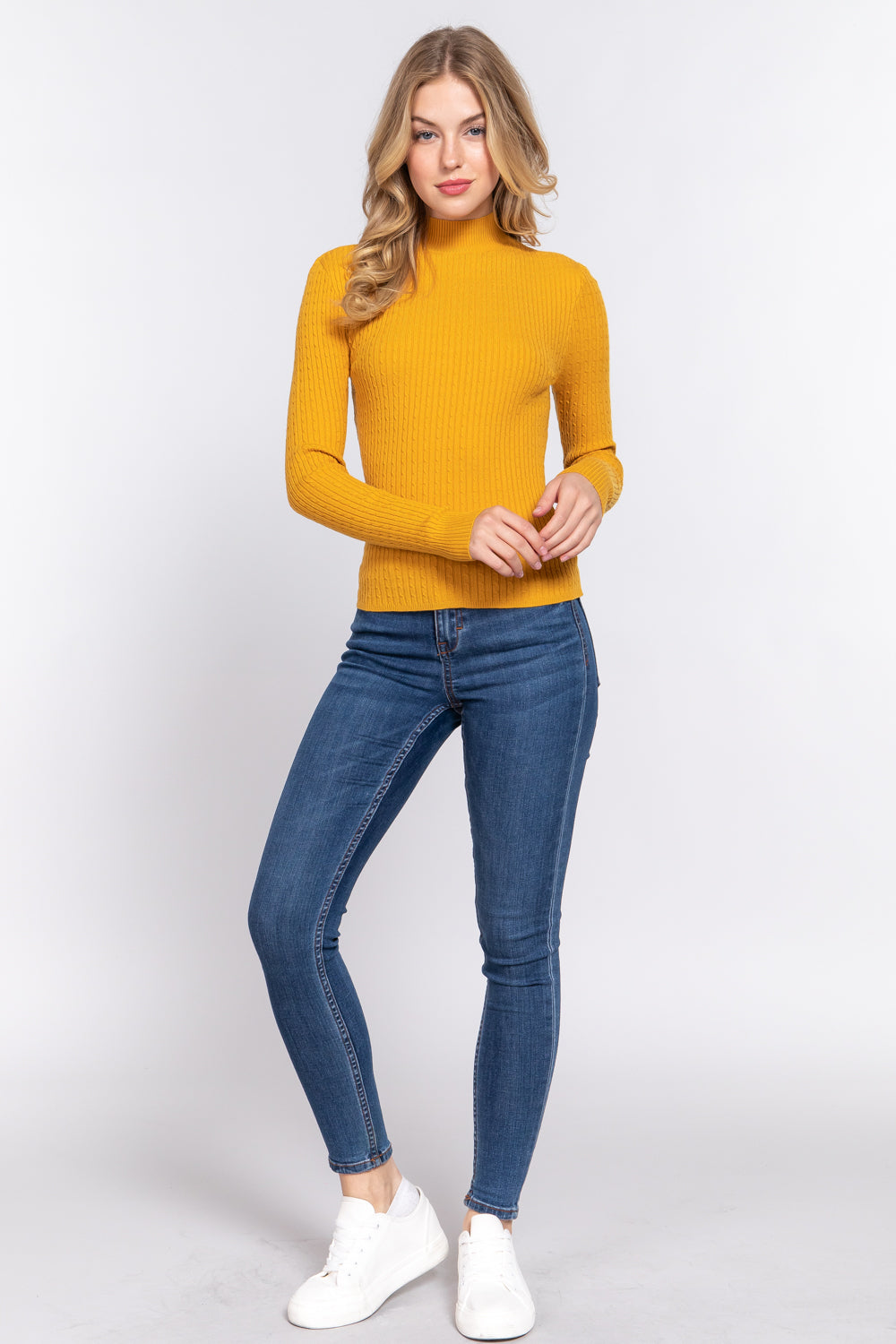 Mustard Long Sleeve Mock Neck Rib Sweater - Katherine Jean