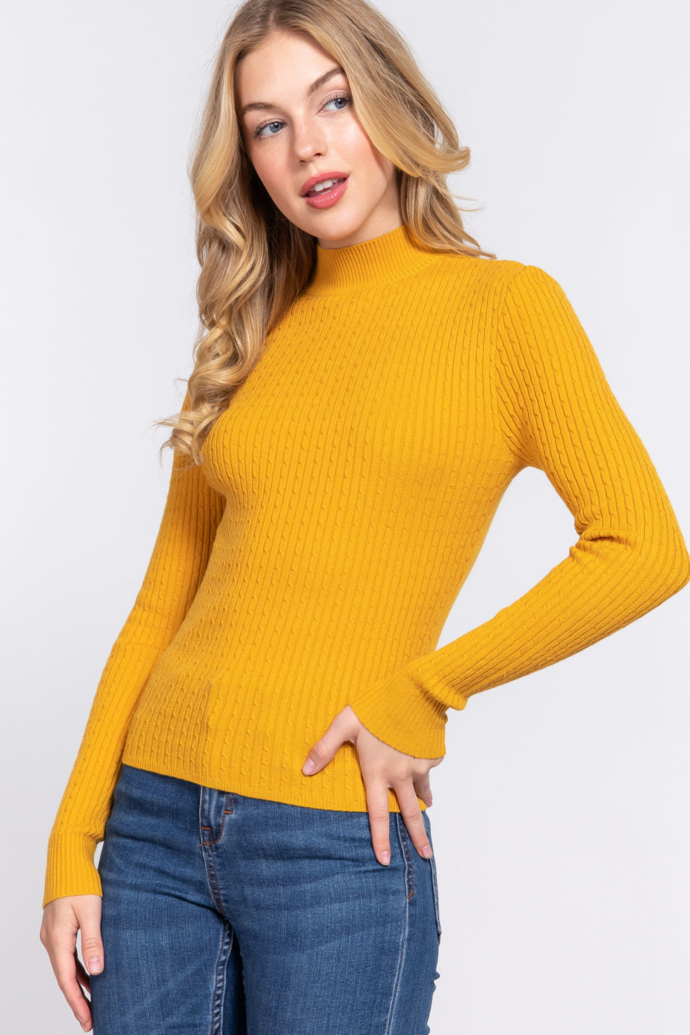 Mustard Long Sleeve Mock Neck Rib Sweater - Katherine Jean