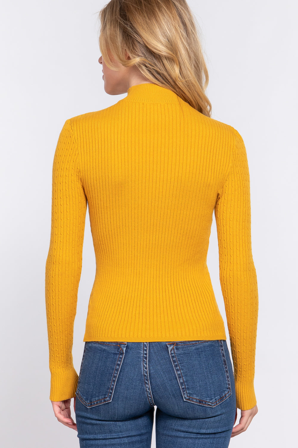 Mustard Long Sleeve Mock Neck Rib Sweater - Katherine Jean