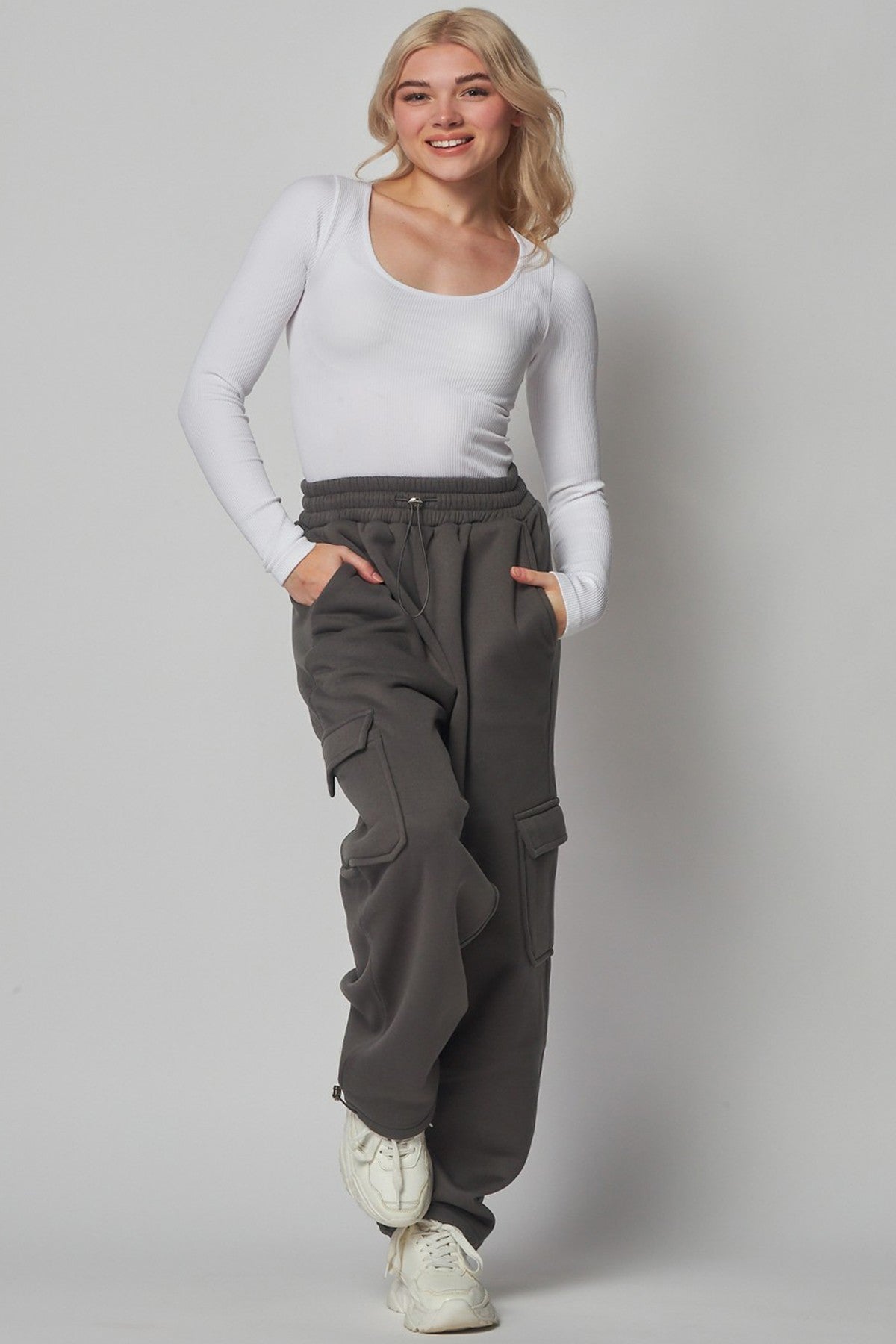 Fleece Lined Cargo Sweat Jogger Pants - Katherine Jean