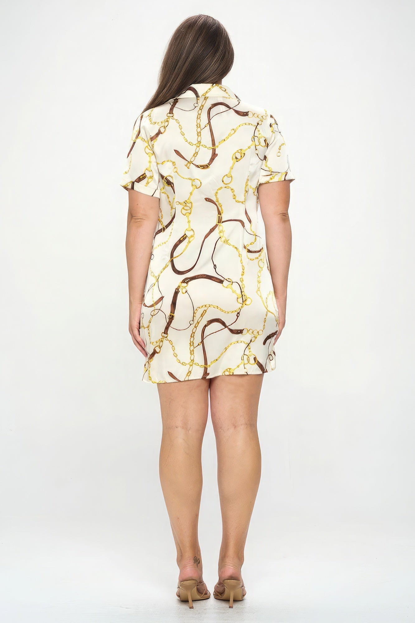 Cream Chain Belt Print Short Sleeve Wrap Tie Dress - Katherine Jean