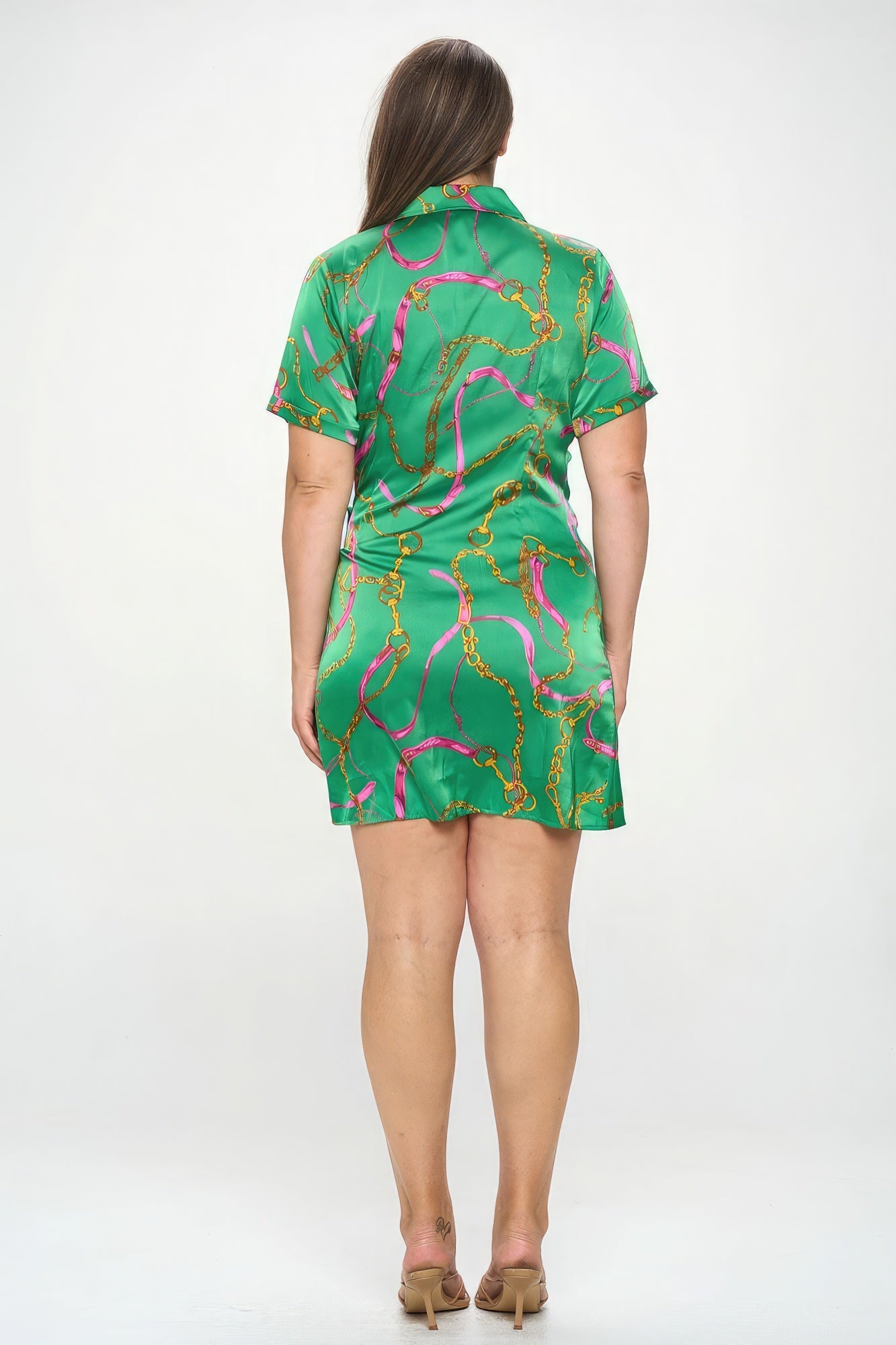 Green Chain Belt Print Short Sleeve Wrap Tie Dress - Katherine Jean