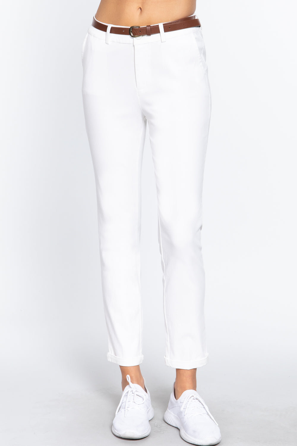 Off White Cotton-span Twill Belted Long Pants - Katherine Jean