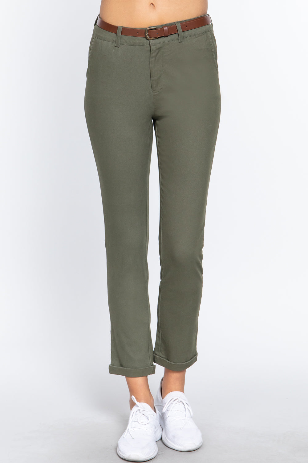 Olive Cotton-span Twill Belted Long Pants - Katherine Jean