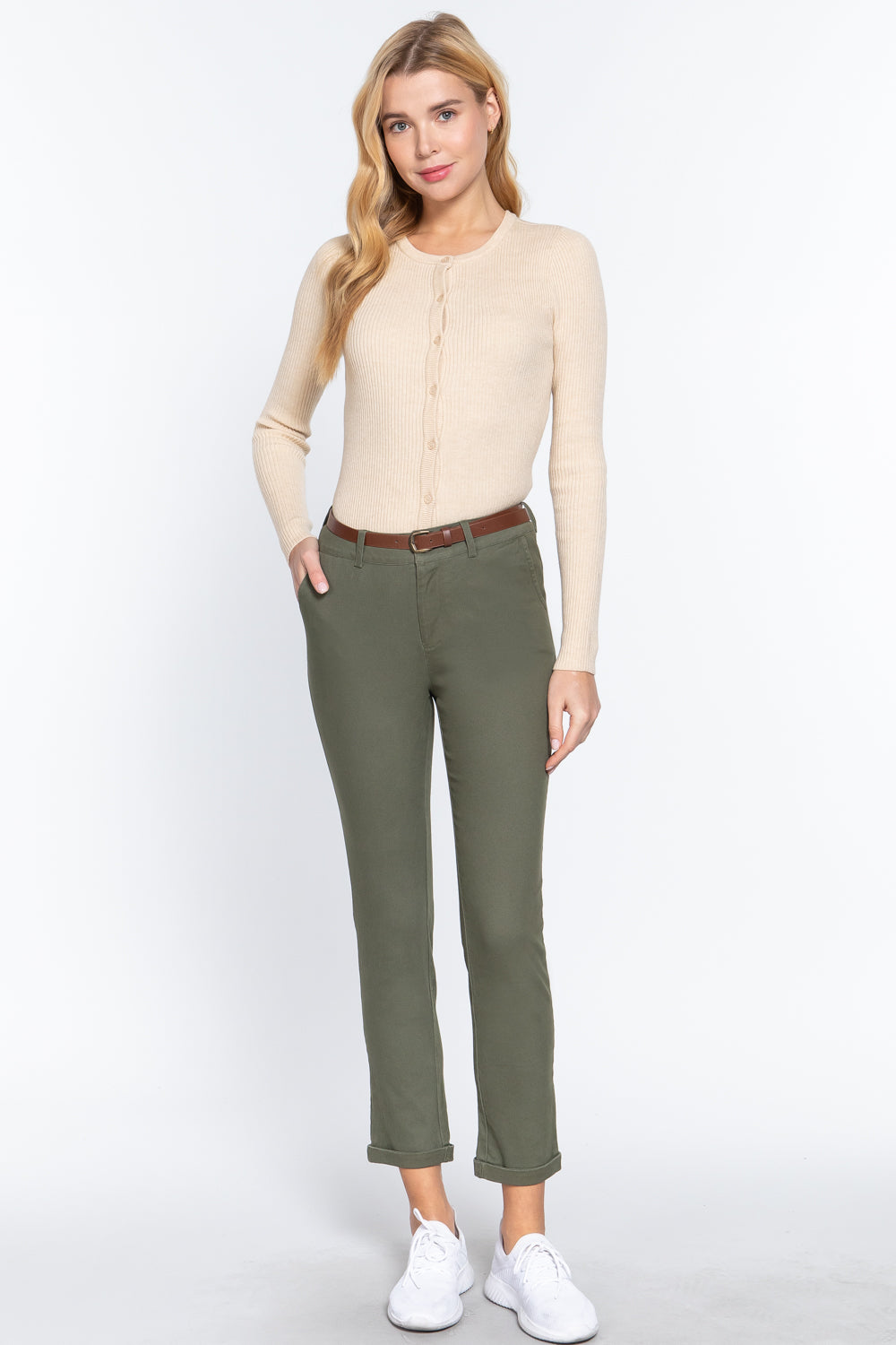 Olive Cotton-span Twill Belted Long Pants - Katherine Jean